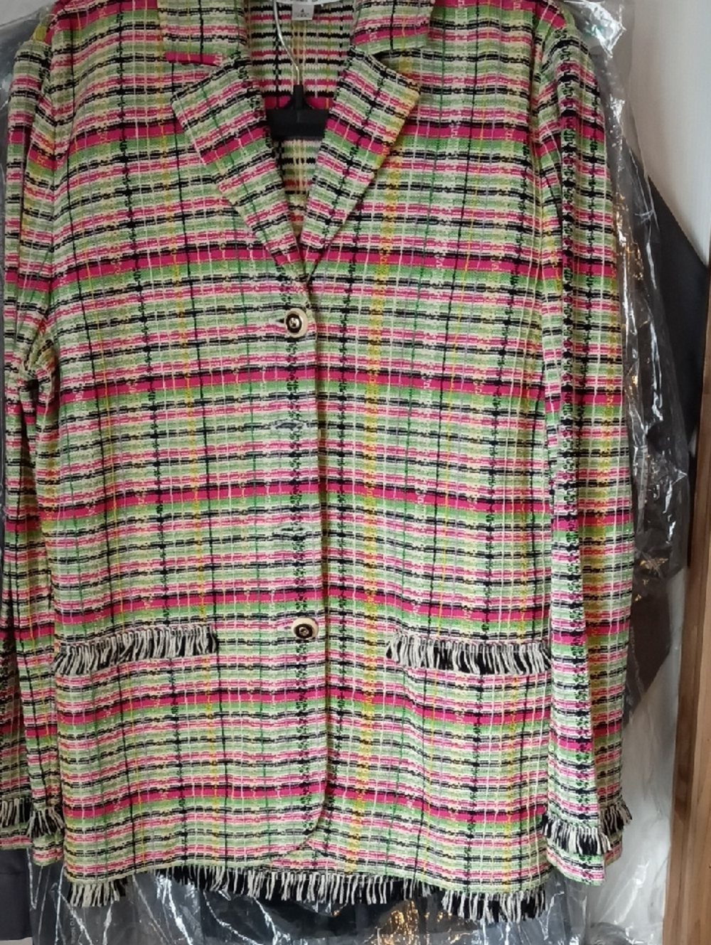 St. John, Women's Multicolor Tweed Fringe Jacket - Pink/Green/Black